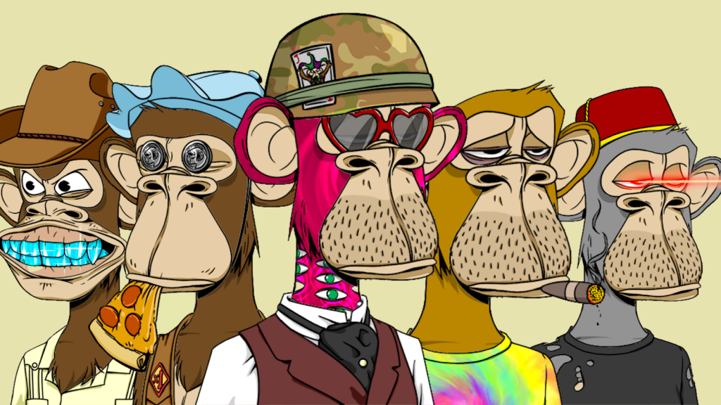 Bored-Ape-Yacht-Club_fundo-bege-com-5-Bored-Apes-dispostos-um-ao-lado-do-outro